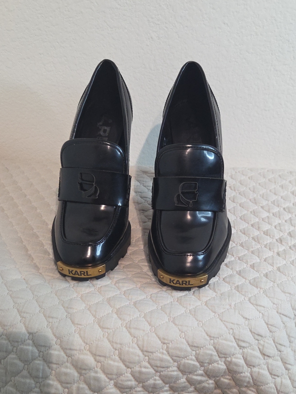 Karl Lagerfeld Black Patent Leather Loafers with Gold Accent